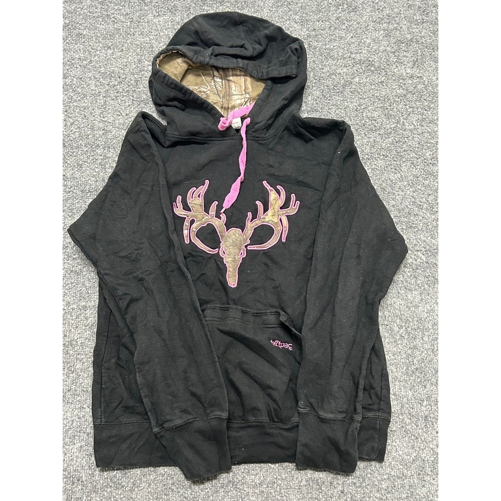 Hot Shot Hoodie Womens Size Large Black Camo Deer Skull Graphic Long Sleeve